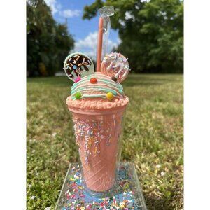 Peach 3D Ice Cream Sprinkle Cookie Cup 16oz Cold Beverage Straw & Lid Tumbler